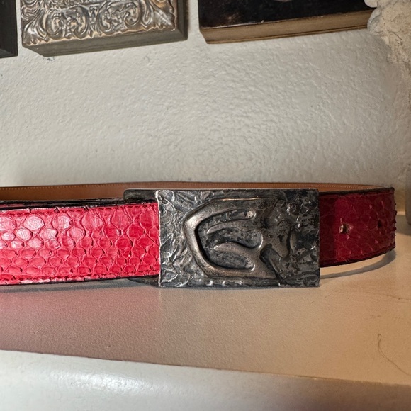 Vintage Red Snakeskin Leather Belt with Unique Forged Silver Buckle - Picture 3 of 7